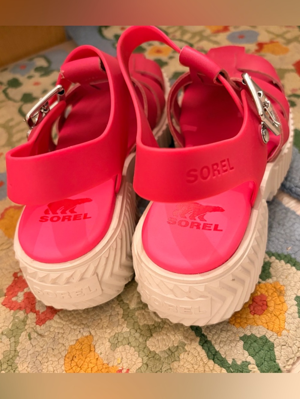 Sorel Hot Pink Platform Sandals with White Sole - Picture 2 of 5
